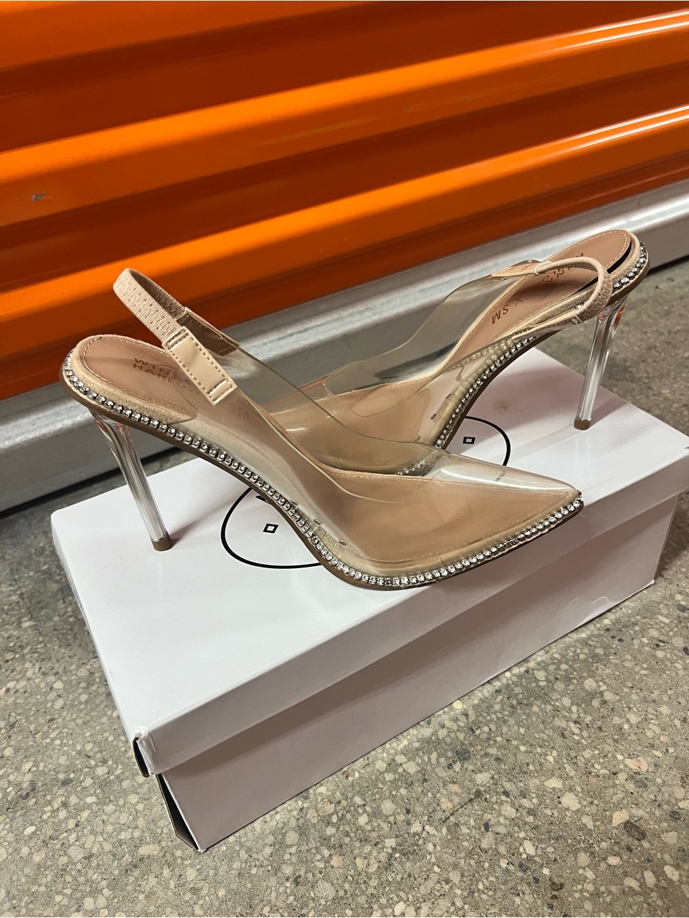 Steve Madden Clear Slingback Stiletto Heels with Nude Trim and Rhinestone Edge